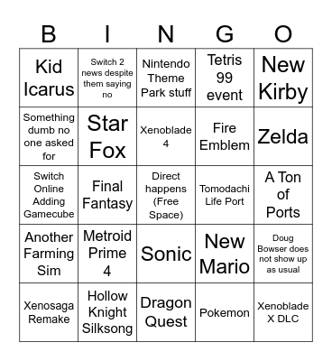 Nintendo Direct 27 03 25 bingo Card