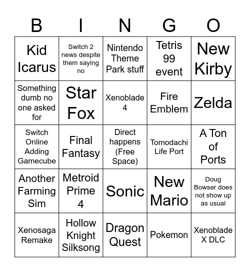 Nintendo Direct 27 03 25 bingo Card