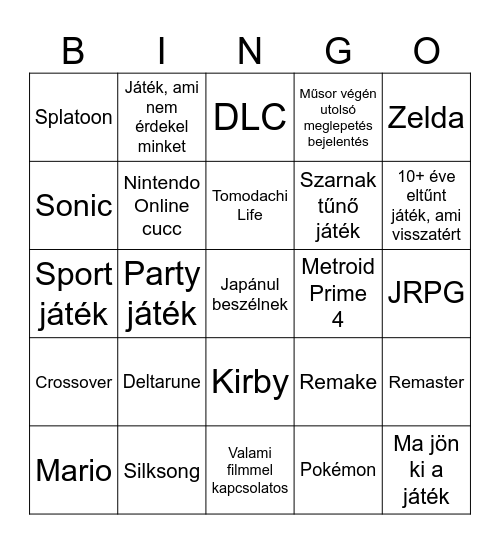 Nintendo Direct bingo Card