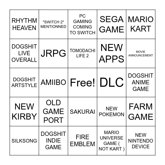 Nintendo direct Bingo Card