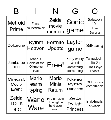 Nintendo Direct Bingo Card