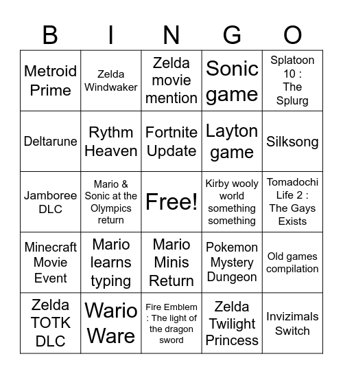 Nintendo Direct Bingo Card