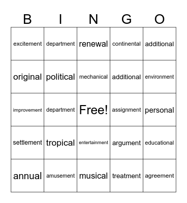 Suffixes Bingo Card