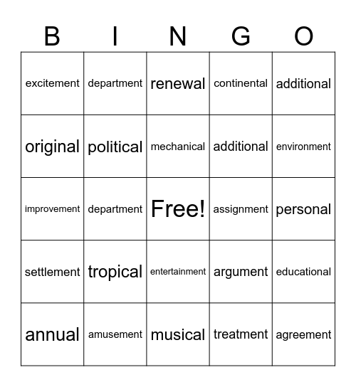 Suffixes Bingo Card