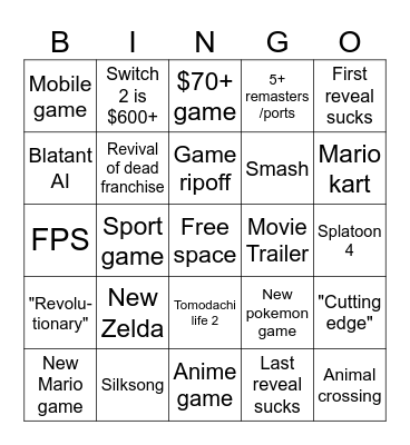 Nintendo Direct 3.27.25 Bingo Card