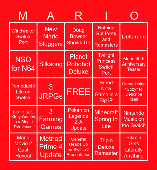 3/27/2025 Nintendo Direct Bingo Card