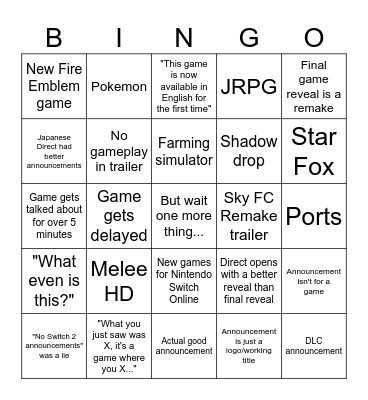 Nintendo Direct Bingo Card