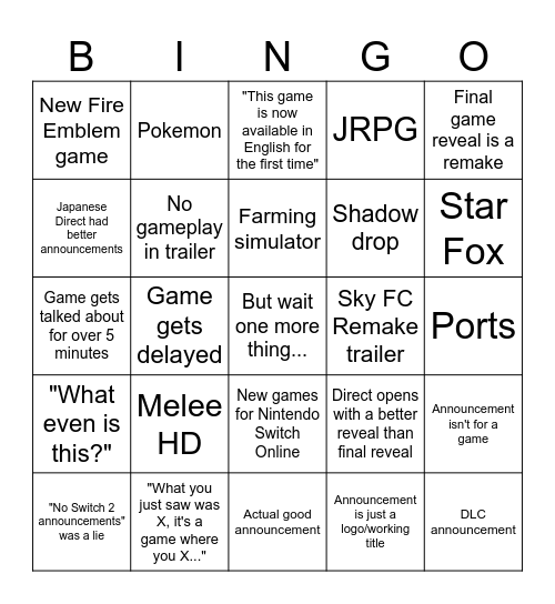 Nintendo Direct Bingo Card