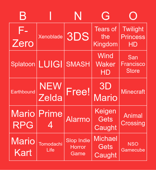 Nintendo Direct Bingo Card