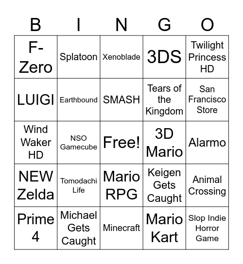 Nintendo Direct Bingo Card