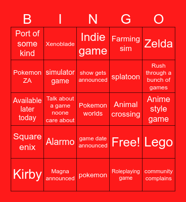 Nintendo direct Bingo Card