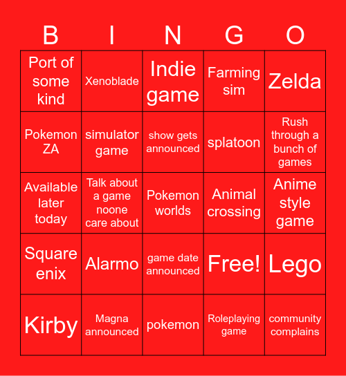 Nintendo direct Bingo Card