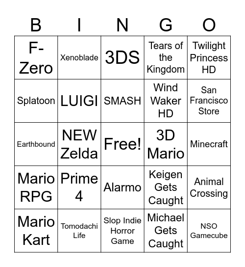 Nintendo Direct Bingo Card