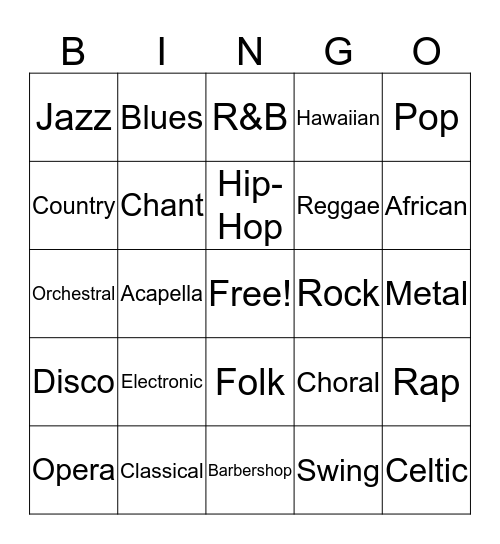 Musical Genre Bingo Card