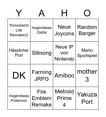 nintendo direct Bingo Card