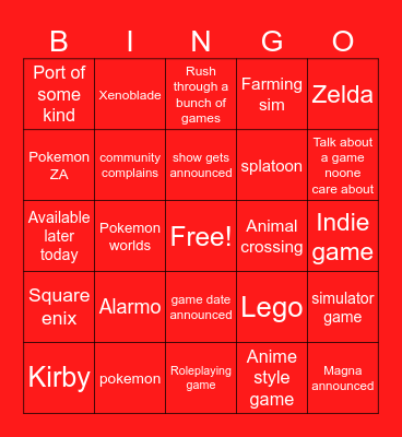 Nintendo direct Bingo Card
