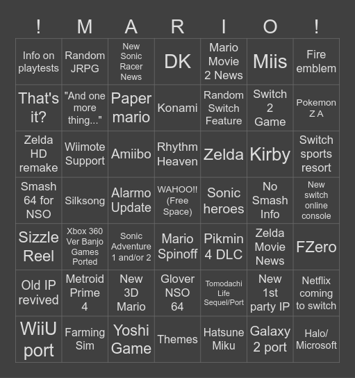 Jack's Nintendo Direct Bingo Card