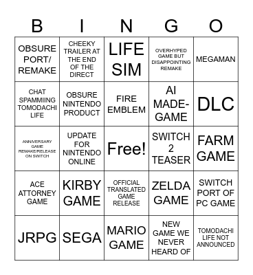 NINTENDO DIRECT Bingo Card