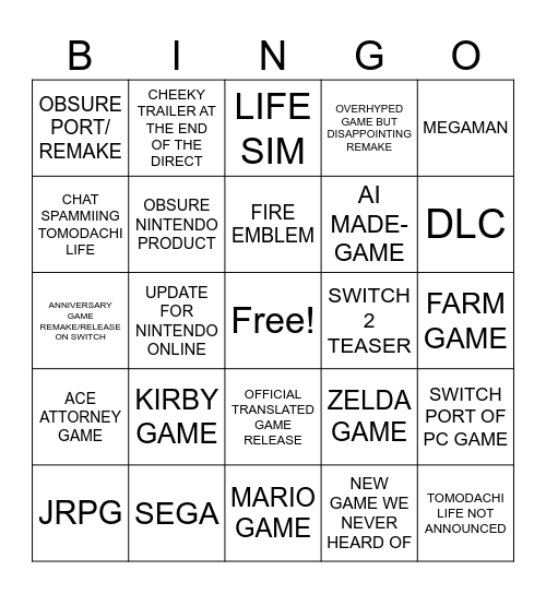 NINTENDO DIRECT Bingo Card