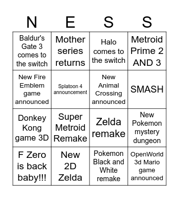 Nintendo Direct Bingo!!!! Bingo Card