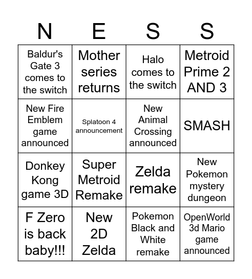 Nintendo Direct Bingo!!!! Bingo Card