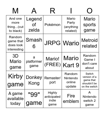 Nintendo Direct Bingo Card