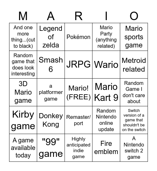 Nintendo Direct Bingo Card