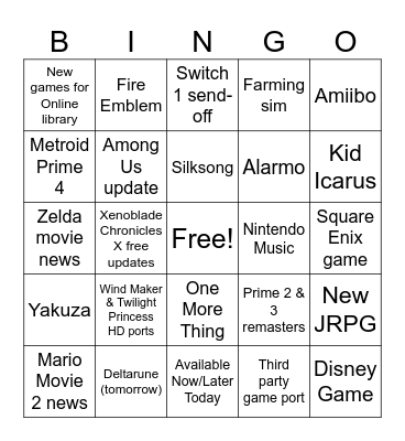 Nintendo Direct March 2025 Bingo Card
