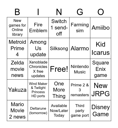 Nintendo Direct March 2025 Bingo Card