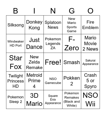 Nintendo Direct 3/27/2025 Bingo Card