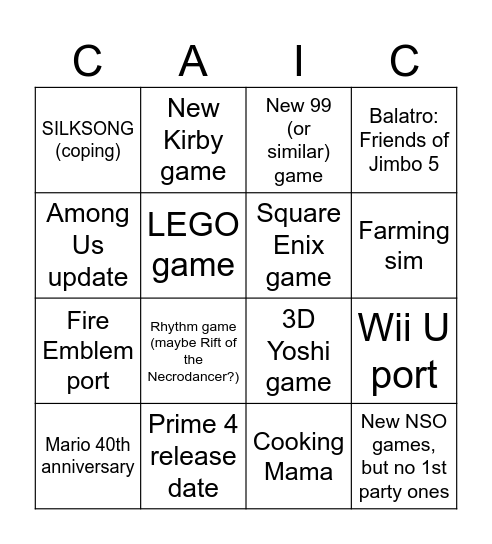 Nintendo Direct 3.27.25 Bingo Card