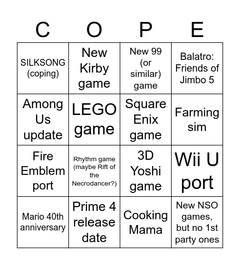 Nintendo Direct 3.27.25 Bingo Card