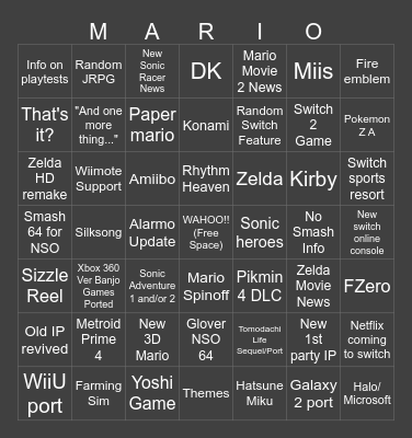 Jack's Nintendo Direct Bingo Card