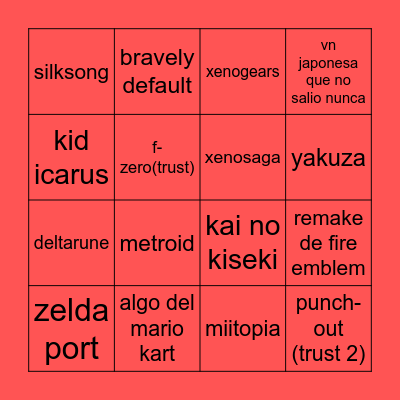nintendo direct YA Bingo Card