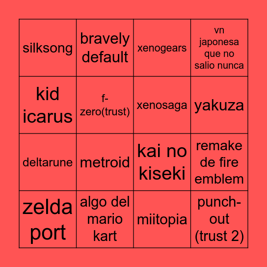 nintendo direct YA Bingo Card