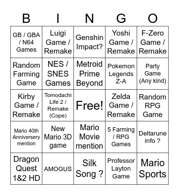 Nintendo Direct Predictions Bingo Card