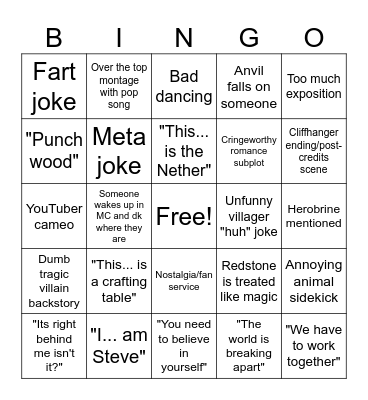 Minecraft movie bingo Card