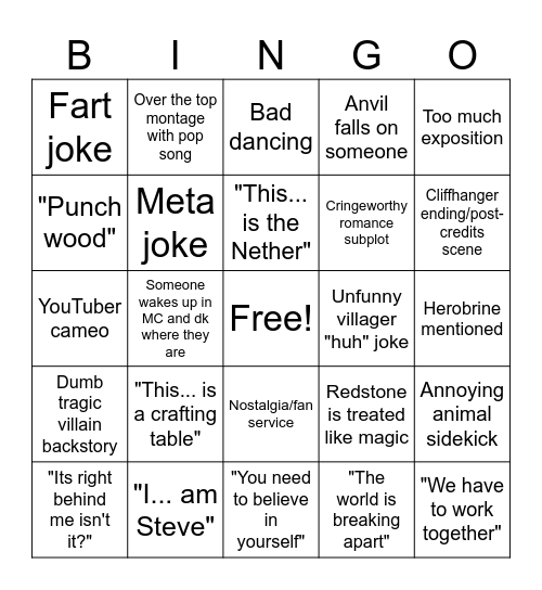 Minecraft movie bingo Card