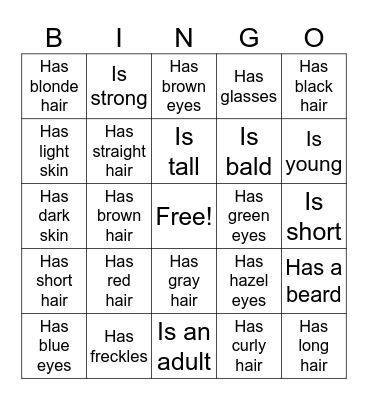 Physical Appearance Bingo Card