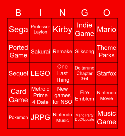 Nintendo Direct March 2025 Bingo Card