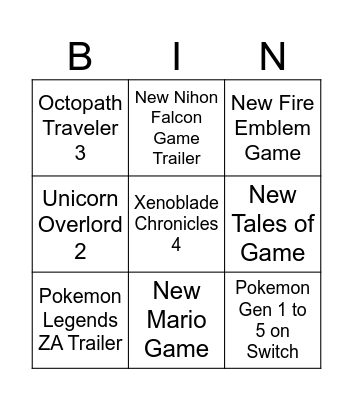 Nintendo Switch Direct Bingo Card