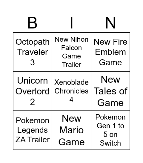 Nintendo Switch Direct Bingo Card