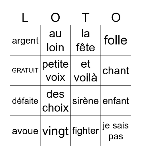 Fighter Bingo Card
