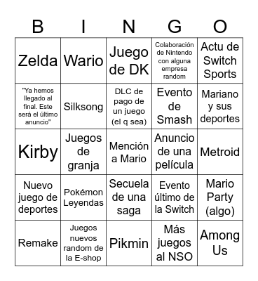 Nintendo Direct Bingo Card