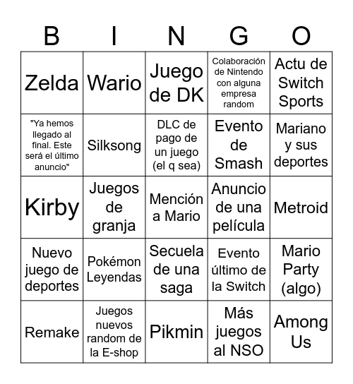 Nintendo Direct Bingo Card