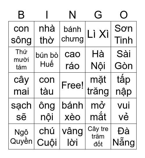 Bingo Tiếng Việt Bingo Card