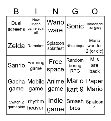 Nintendo direct 2025 Bingo Card