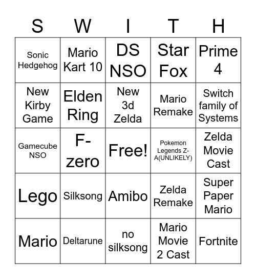 Nintendo Bingo 3-27-25 Bingo Card