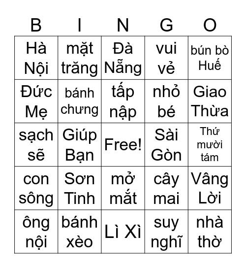 Bingo Tiếng Việt Bingo Card