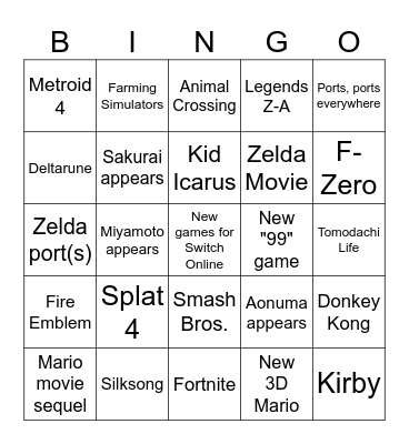 Nintendo Direct Bingo Card